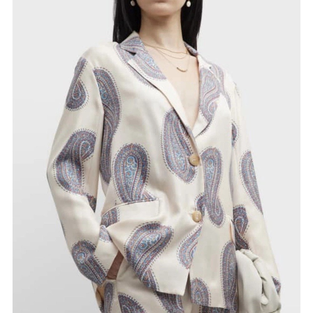Xirena Rowe Paisley Silk Single Breasted Blazer Jacket Cream Ivory Large L